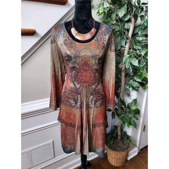 Studio Gem Women Multicolor Polyester Round Neck Long Sleeve Knee Length Dress L - Picture 1 of 11